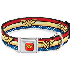 Buckle Down Collare per Cani con Fibbia per Cintura di Sicurezza – Logo Wonder Woman con Strisce/Stelle Rosso/Oro/Blu/Bianco – Larghezza 2,5 cm – Adatto per Collo da 28 a 43 cm – M
