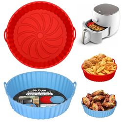 Alyvisun Teglie per Friggitrice ad Aria, 2 Pezzi Teglia Silicone per Air Fryer Contenitori Cestello Riutilizzabile Rotondo Tappetino Stampi Per Airfryer, Microonde, Forno (Rosso+Azzurro Cielo)