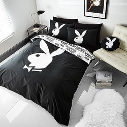 Playboy - Set copripiumino singolo reversibile con federa, motivo: coniglietto classico, colore: nero/bianco