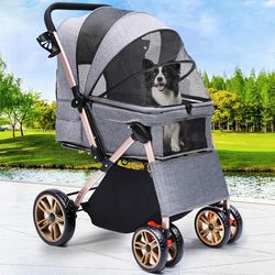 YITAHOME Passeggino pieghevole per cani di piccola taglia, con manico reversibile, con finestre in rete, portabicchieri, ruote girevoli a 360° in EVA con freni (grigio)