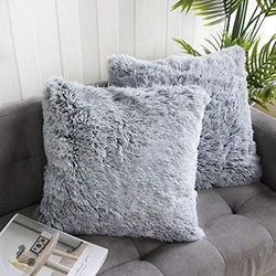 Uhomy Lot de 2 Housses de Coussin décoratives en Fourrure synthétique Super Douce pour canapé/lit, Noir ombré, 45 x 45 cm, Fourrure des Deux côtés