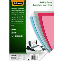 Fellowes 53764 Copertine per Rilegatura in PVC Trasparente, Formato A3, 200 Micron, Confezione da 100 Pezzi