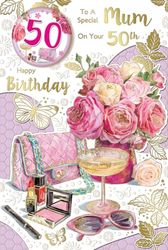 Tarjeta de cumpleaños "Express Yourself" para una madre especial en tu 50 – Tema blanco y rosa con algunas hermosas rosas y hermosas rosas rosas y hermoso bolso rosa y gafas de sol.