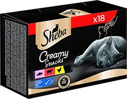 Sheba Snack per gatti, 18 pratici bastoncini per gatti, 18 x 12 g (1 confezione) – nelle varietà di pollo, salmone (certificato MSC) e manzo da leccare dalla mano