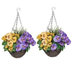 2 x Hanging Baskets with Purple & Yellow Flowers and Decorative Grasses (Set of 2)