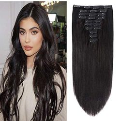 Lot de 10 extensions de cheveux humains à clipser - Tête complète - 22 clips - Double trame - Cheveux brésiliens Remy épais et lisses - 55,9 cm - 200 g - Noir naturel - 1B
