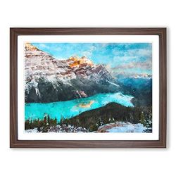 Peyto Lake In Canada Painting Modern Art Framed Wall Art Print, Ready to Hang Picture for Living Room Bedroom Home Office Décor, Walnut A4 (34 x 25 cm)