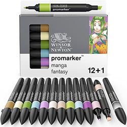Winsor & Newton, Promarker, Manga Fantasy, Set of 12+1 Blender, Alcohol Based Dual Tip Markers