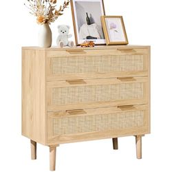 VEVOR Commode en rotin à 3 tiroirs, Meuble de Rangement Style bohème, Organisateur de vêtements et Rangement en Bois Moderne, Armoire avec poignées et Pieds Robustes pour Chambre, Salon et Couloir