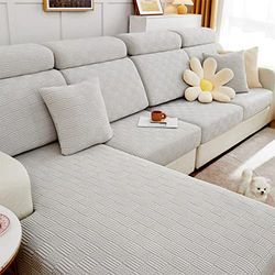 ele ELEOPTION Couch Cushion Covers Slipcover Elastic Chair Loveseat Sofa Furniture Protector Cover for Living Room (Length 62-74inch Width 35-43inch, Chaise Cover) Grey White