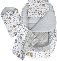 Medi Partners Reducteur de Lit Bebe - Réducteur Bébé 100x60x15cm 5 éléments Cocon et Naissance Nid d'ange bilatéral Cale 100% Coton Minky (Cerf avec Minky Gris)
