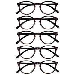 OPULIZE Zen Gafas de Lectura Pack de 5 Montura Redonda Color Marrón Carey Oscuro con Varillas Negras Bisagras con Muelle Resistente a los Arañazos Unisex RRRRR24-2 +1.50
