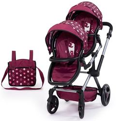 Bayer Design 26723AA Twin Xeo Cochecito de muñeca gemelas, Carrito Doble para muñecos, Altura Regulable, Ruedas Delanteras móviles, Bolsa
