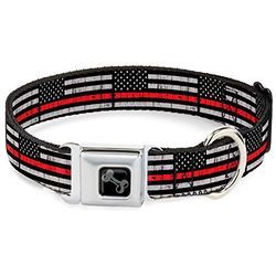 Hondenhalsband, riemgesp, dunne rode vlag, verweerd, zwart, grijs, rood, 38,1 tot 66 cm, 2,5 cm breed