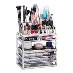 Relaxdays cosmetica organizer met 6 lades, 22 vakken, make up organizer, schmink opbergbox, acryl, transparant/goud