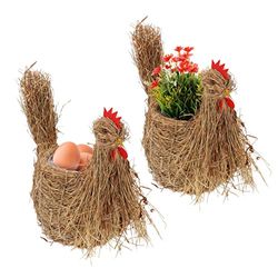 Relaxdays Kyckling blomkruka, uppsättning av 2, sugrör figur för plantering, handgjord, äggkorg, dekoration höna för inomhus, natur