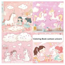 Coloring Book cartoon unicorn: little girls playing in a room. The design is suitable for children's furniture and wallpaper featuring cute cartoon drawings detailed, colorful cheerful aesthetic.