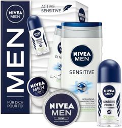 NIVEA MEN Active Sensitive, set regalo per la cura con prodotti idratanti, confezione regalo con gel doccia sensitive, protezione sensitiva, anti-traspirazione, deodorante roll-on e crema NIVEA Men