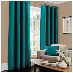 GC GAVENO CAVAILIA Plain Faux Silk Eyelet Curtains, Polyester, Teal, 90x90 Inches