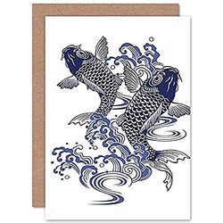 Fine Art Prints Japanese Koi Carp Illustration Greeting Card With Envelope Inside Premium Quality, Blue|beige|grey|white