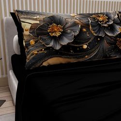 Petti Artigiani Italiani - Sábanas de algodón con Fundas de Almohada de impresión Digital, sábanas Cama Individual, Juego de Cama Individual, diseño Floral 22 Negro, 100% Made in Italy