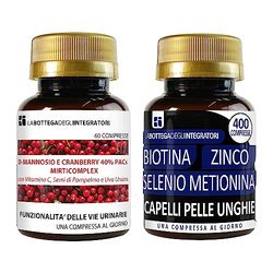 Set di Integratori Cranberry 40% PAC, D-Mannosio 60 compresse + Biotina Zinco Selenio 400 compresse | Antiossidante + Capelli Pelle Unghie La Bottega Degli Integratori