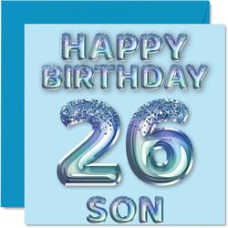 26e verjaardagskaart voor zoon - blauwe glitter feestballonnen - gelukkige verjaardagskaarten voor 26-jarige zoon van mama papa ouders, 145 mm x 145 mm verjaardagskaarten cadeau