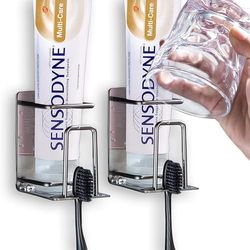 HANZE Paquete de 2 Soportes para cepillos de Dientes de Acero Inoxidable 304 Adhesivo para Montaje en Pared 3 en 1 con Soporte para Cepillo de Dientes, Soporte para Pasta de Dientes y portavasos para