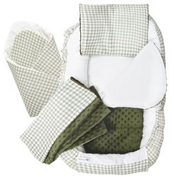 Medi Partners Reducteur de Lit Bebe - Réducteur Bébé 100x60x15cm 5 éléments Cocon et Naissance Nid d'ange bilatéral Cale 100% Coton Minky (Grille avec Olive Minky)