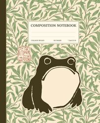 Composition Notebook College Ruled: Vintage Green leaves and Grumpy Frog Japanese art Nature Floral Botanical Cottagecore Aesthetic