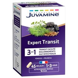 JUVAMINE - Expert Transit 3-en-1 - Transit facilité - Ballonnements - Gaz Intestinaux - Inconfort digestifs - Fenouil - Pruneau - 45 gélules - Fabriqué en France