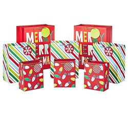 Hallmark Kerstcadeauzakjes Verschillende maten (8 zakken: 3 kleine 6", 3 Medium 9", 2 Grote 13") Rood, Groen, Blauw Strepen, Lichten, Vrolijk Vrolijk Kerstmis!"