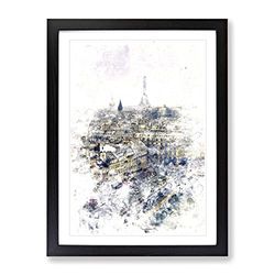 View Of The Eiffel Tower In Paris France Watercolour Modern Framed Wall Art Print, Ready to Hang Picture for Living Room Bedroom Home Office Décor, Black A3 (34 x 46 cm)