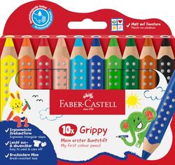 Faber-Castell 110624 Set Grippy, 10 Jumbo kleurpotloden voor peuters, gemakkelijk afwasbare kleurpotloden voor kinderen, ergonomische driehoekige vorm, dikke kleurpotloden, 10 mm icke vulling