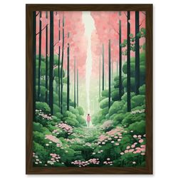 Artery8 Mount Yoshino Cherry Blossom Tree Forest Bright Artwork Baby Pink Green Walk in Nature Trail Artwork Framed A3 Wall Art Print
