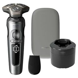 Philips Shaver S9000 Prestige, rasoio elettrico Wet & Dry, Bright Chrome, tecnologia Lift & Cut e SkinIQ, rifinitore di precisione, custodia per la pulizia e astuccio di qualità, modello SP9841/32