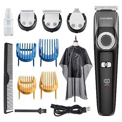 BarberBoss 3 in 1 Facial Grooming Kit, Hair, Detail & Beard Trimmer, Men’s Hair Clipper, Precision Control Dial, 4 Guide Combs, USB Rechargeable, LED Display, 100% Waterproof, QR-6086