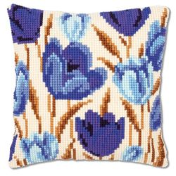 Vervaco Ponto cruz kit almofada decorativa tulipas azuis artesanato adultos decoração bordar kit iniciantes completo DIY bordado criativo presente ca. 40 x 40 cm Cross Stitch Embroidery