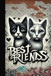 Cats Composition Notebook College Ruled: Best friends, Two Kittens graffiti on the wall and Aesthetic Notebook | 100 Pages | Wide Lined | 6 x 9 | ... for Students, Teens and Kids, Girls, Boys