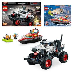 LEGO Bundle Veicoli d'Azione Barca di Soccorso Antincendio 60373, City e Monster Mutt Monster Jam Dalmata 42150, Technic, Nave Giocattolo e Macchina con Pull-Back, Idea Regalo di Pasqua per Bambini