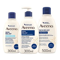 Aveeno Skin Relief Set corpo donna con Shampoo Lenitivo 300 ml, Crema Corpo Idratante 300 ml e Bagnodoccia 500 ml con Avena Prebiotica e Colloidale, Burro di Karité per pelli secche – Esclusiva Amazon