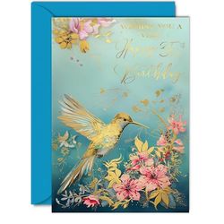 Beautiful Gold 35th Birthday Cards for Women Men - Wonderful Golden Birds Hummingbird - Elegant Traditional Pretty Birthday Card for 35 Year Old Woman Man Her Him, A5 Gorgeous Greeting Cards Gift