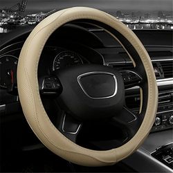 vera Anti Slip Leather Soft Comfortable Cowhide Leather 38cm Steering Wheel Cover for Car Beige