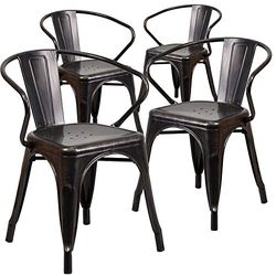 Flash Furniture Roy Commercial Grade Sedia per interni ed esterni in metallo nero-oro antico con braccioli, confezione da 4