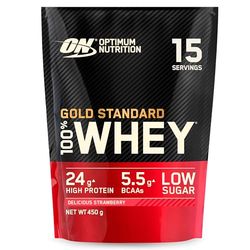 Optimum Nutrition Gold Standard 100% Whey Muscle Building and Recovery Protein Powder With Naturally Occurring Glutamine and BCAA Amino Acids, Delicious Strawberry Flavour, 15 Servings, 450 g