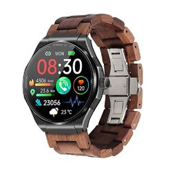 Knauermann PRO 3 (2024) nero – Orologio sanitario smartwatch con funzione telefonica – ECG + HRV e funzione SOS – display AMOLED BT Bluetooth – apnea notturna – cinturino in vero legno marrone scuro,