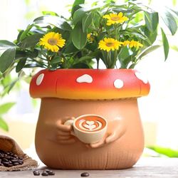 GUGUGO Cute Coffee Planter, Indoor Plant Pots Mushroom Shaped, Unique Succulent Pots with Drainage, Rainbow Small Gardening Pots for Plants, Funny Flower Pots for Plant Lover