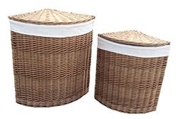 Red Hamper Set of 2 Light Steamed Corner Laundry Baskets with White Lining, Wicker, 60 x 46 x 46 cm