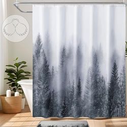 ORTIGIA Grey Shower Curtain for Bathroom, Misty Forest Shower Curtain Set with Rustproof Hooks, Decorative Pine Tree Fog Magic Bath Curtain for Home, Waterproof Fabric, Weighted, 72x72