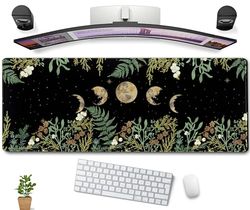 Green Tropical Leaves Desk Mat Black Mouse Pad Cute Anime Moon Deskmat, Women Office Decor Computer Laptop Keyboard Mouse Mat, XL Large Gaming Mousepad Desk Pad with Stitched Edge 31.5''x11.8''